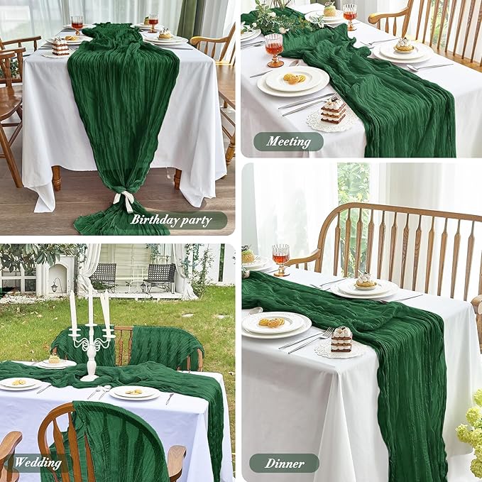 IVAPUPU 2 Pcs Cheesecloth Table Runner - 10ft Emerald Green Spring Boho Gauze Cheese Cloth Table Runners for Baby Shower Decorations Wedding Party Garden Decor