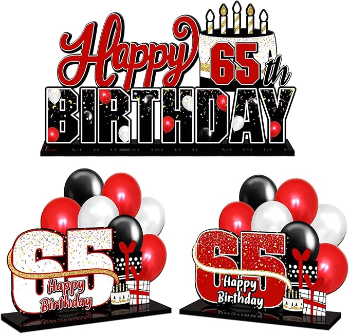 LINGTEER Happy 65th Birthday Red Acrylic Table Topper Centerpieces Set - Cheers to 65 Years Old Birthday 65th Bday Party Gift Decorations.