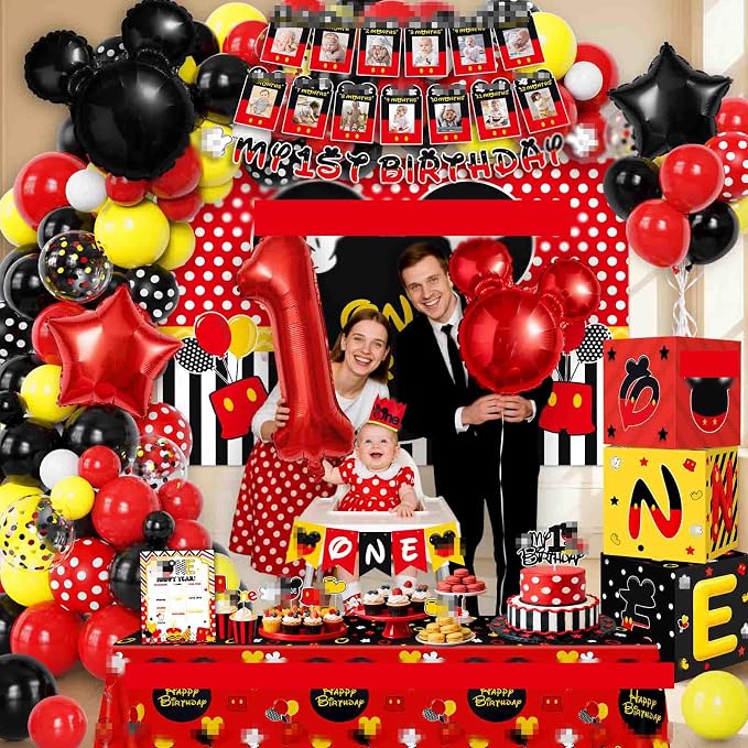 Mouse 1st Birthday Party Decorations 143Pcs First Birthday Decorations Backdrop Balloons Arch Box High Chair Banner Bday Party Idea for Baby Boys Girls ﻿