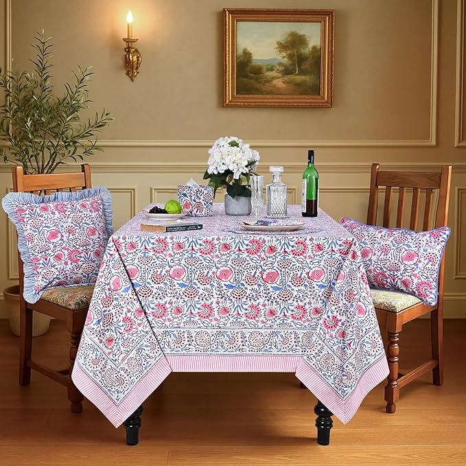 Ridhi Hand Block Print Pigeon Blue Flamingo Pink Rectangle Cotton Tablecloth 140" x 72" Reusable Table Cover Decorative Everyday Use for Dining, Farmhouse, Home Gift for Spring, Easter, Valentine