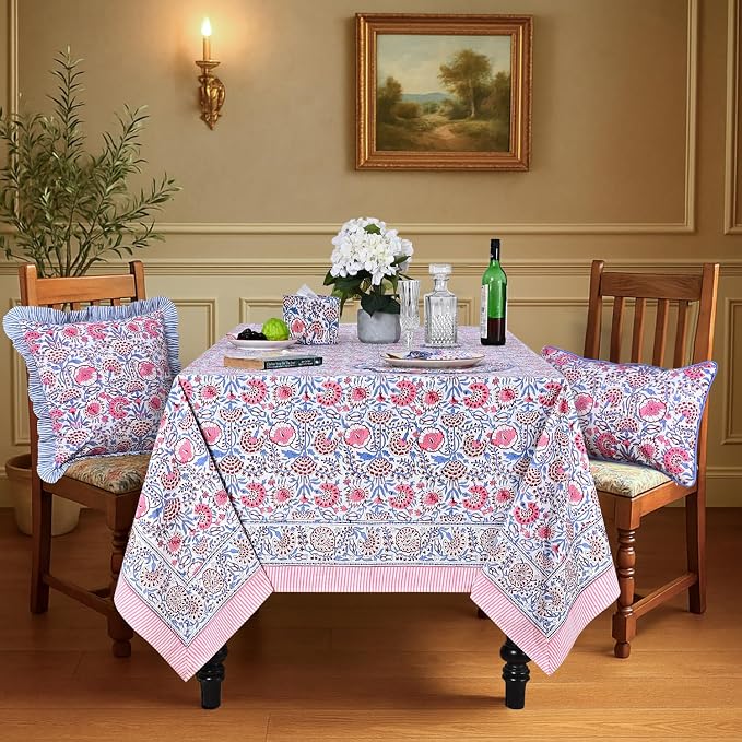 Ridhi Pigeon Blue and Flamingo Pink Hand Block Print Cotton Rectangle Tablecloth 90" x 60" inches Reusable Table Cover Decorative Everyday Use for Dining Room, Farmhouse, Gift Spring, Mother's Day