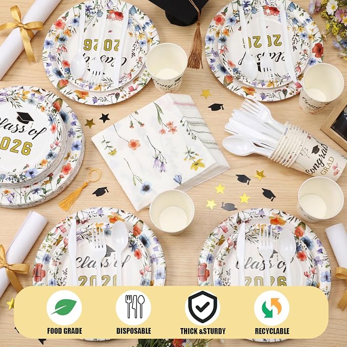 Yungyan 252 Pcs Wildflower Graduation Party Decorations Class of 2026 Congrats Grad Floral Graduation Plates Napkins Cups Forks Knives Disposable Tableware Set for College High School Party Supplies