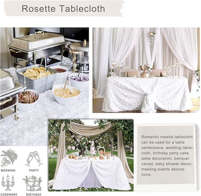 Fanqisi White 3D Floral Satin Raised Rosettes Tablecloth Rectangular 90x132 Inches Rosette Tablecloth for Wedding Baby Shower Table Bridal Shower Meeting Events Decoration