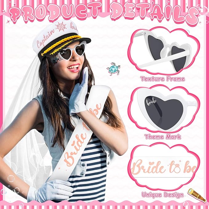 JaGely Bride Captain Hat with Veil, Bachelorette Sash & Sunglasses for Bridal Shower Bachelorette Party Decor Accessories(Bride to Be)