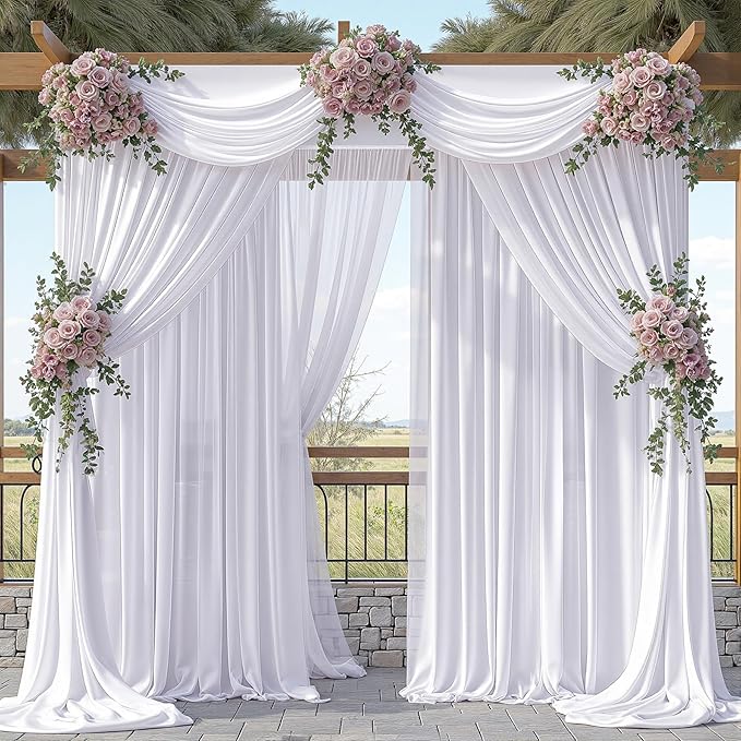 30ft x 10ft White Chiffon Backdrop Curtains, Wrinkle-Free Sheer Chiffon Fabric Photo Curtain Drapes for Wedding Ceremony Arch Party Stage Photography Decorations