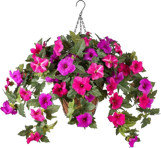 Artificial Petunia Flowers with Hanging Basket for Outdoors, 3 Pcs Fake Hanging Flowers UV Resistant Faux Silk Plants for Garden Porch Yard Patio Realistic Home Spring Decor(Purple Fuchsia)