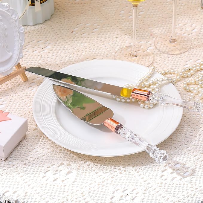 Boao 4 Pieces Wedding Toasting Flutes and Cake Server Set Wedding Reception Supplies Champagne Glasses Cake Knife Pie Server (Rose Gold,Classic)