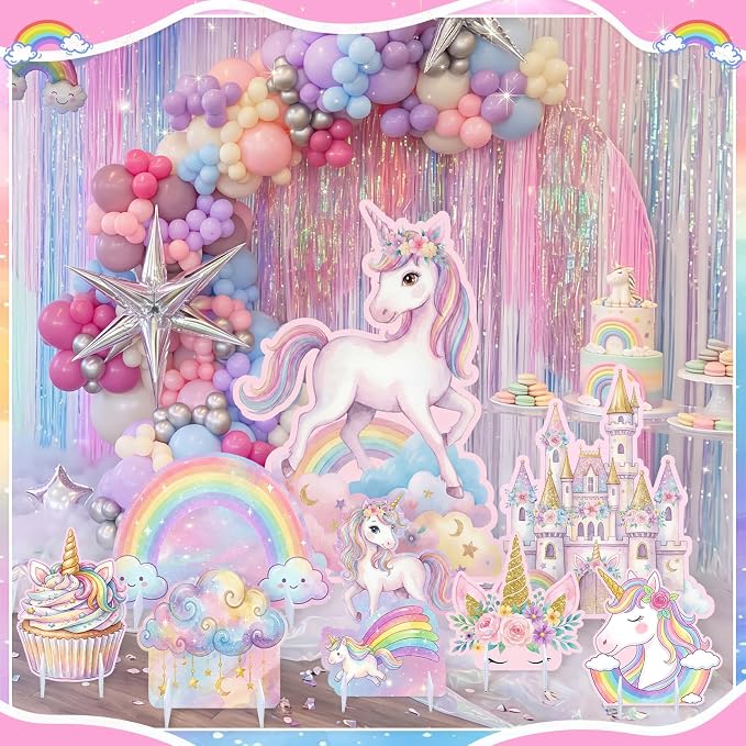 9 Pcs Unicorn Party Decorations Set, Large Rainbow Unicorn Centerpiece with Castle & Clouds, Extra Big Table Decor for Birthday, Pastel, Party Supplies