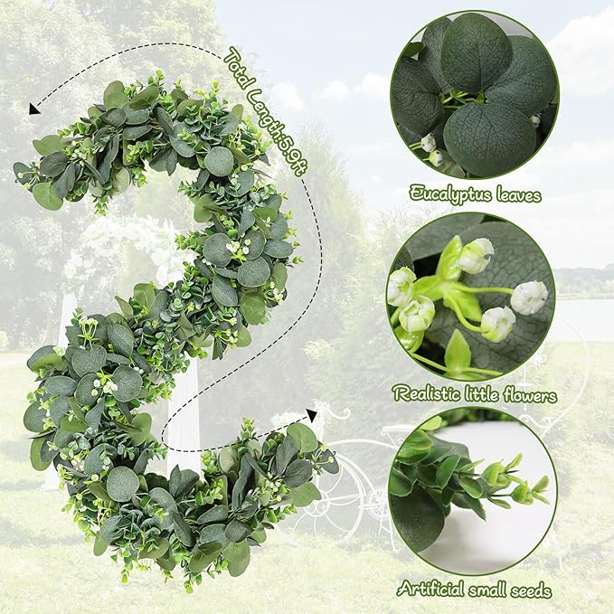 Zerzsy 2 Pack Artificial Eucalyptus Garlands, 5.9FT Hanging Eucalyptus Leaves Vines Spring Garland Decorations, Fake Silver Dollar Greenery for Mantel Wedding Centerpieces Backdrop Arch Table Decor