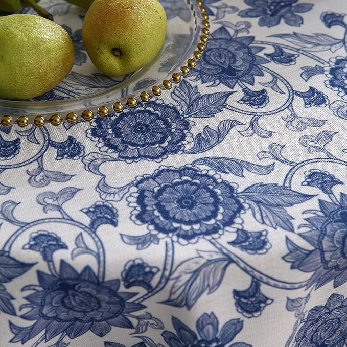patdrea Elegant French Linen Tablecloth,Round,Diameter 67"-Lantang A | Vintage Elegant Table Cloth for Round Table,Blue and White Floral Print,for Dining Room Tea Party Thanksgiving