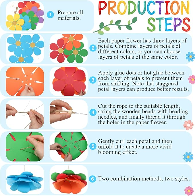 Jetec 6 Pack DIY 14inch Hanging Flowers Large Floral Party Decorations 3D Colorful Paper Flower Hanging Decoration for Spring Wedding Birthday Easter Nursery Classroom Office Ceiling Decor