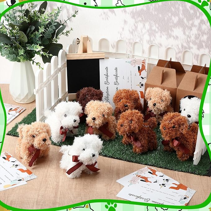 Blueweenly 84 Pcs Adopt a Pet Party Supplies 24 Mini Animals 10 White Plastic Fence 24 Paper Gift Boxes 24 Adoption Cards with Mini Chalkboard and Artificial Lawn(Puppy)