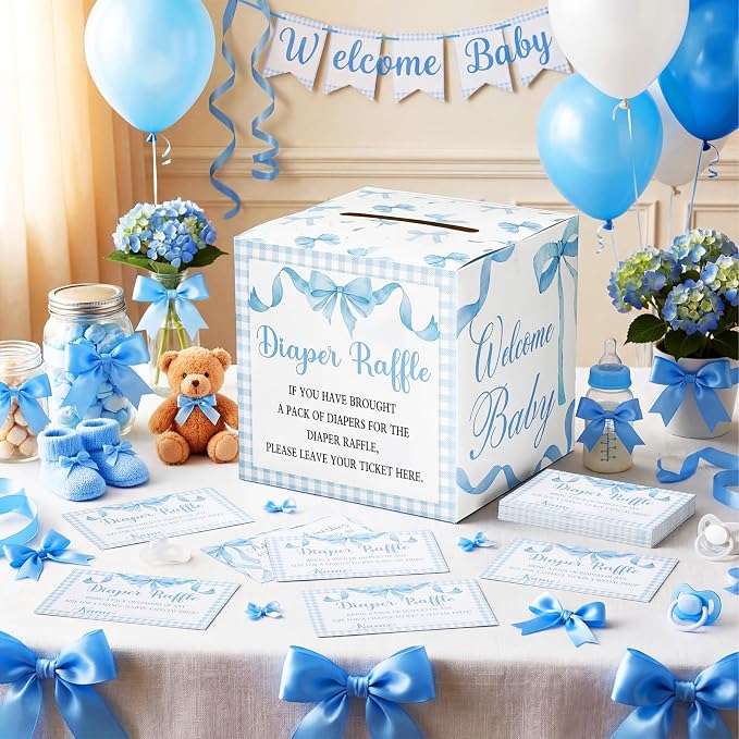 Teling 51 Pieces Diaper Raffle Tickets with Card Box Baby Shower Decorations Gender Reveal Holder Box for Girl Boy Diaper Raffle Party (Blue Bow)