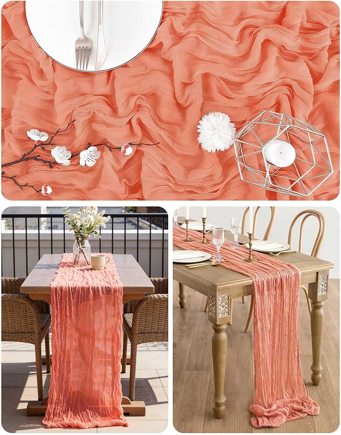 Coral Cheesecloth Table Runner 21x120 Inch Gauze Table Runners Reusable Polyester 10ft Boho Rustic Cheese Cloth Table Runner for Wedding Party Baby Shower Birthday