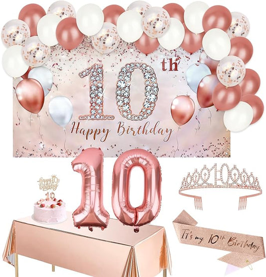 Happy Birthday Party Decorations Set with Banner,Birthday Sash and Crown, Balloons, Cake Topper, Tablecloth, Candles for 10 Year Old Birthday Party