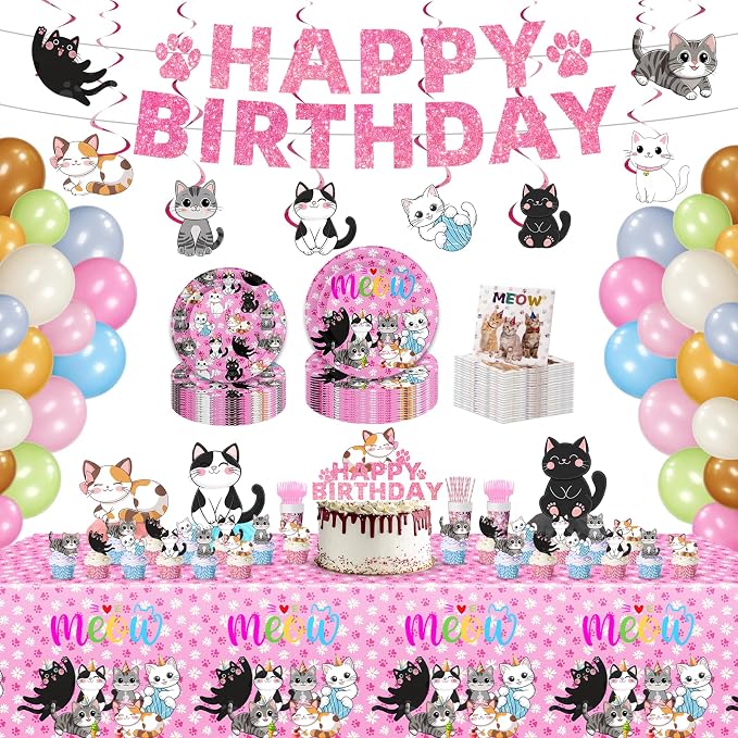 206PCS Cat Party Supplies Set - Complete Cat Themed Birthday Party Decorations with Plates, Cups, Napkins, Tablecloth, Honeycomb Centerpieces,Banner & Balloon and Hanging Swirls