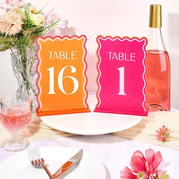 Wedding Acrylic Table Number 1-20 with 20Pcs Stands Pink & Orange, 5"x7" Elegant Place Card Centerpiece Decorations for Indoor Outdoor Wedding Bridal Shower Anniversary Party Reception