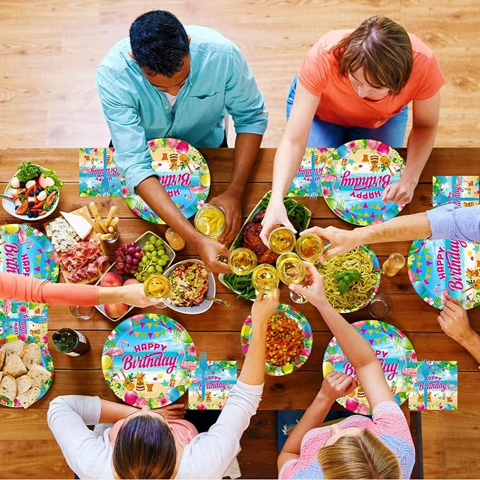 Kepeel 96 Pcs Hawaiian Aloha Party Decorations Supplies, Luau Tropical Birthday Party Plates Summer Beach Holiday Party Paper Plates Napkins Tableware Disposable Dinnerware Set , Serves 24