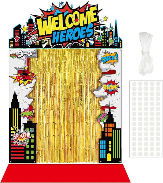 VitalCozy 7 pcs Hero Party Decorations Hero Party Porch Banners Gold Foil Fringe Backdrop Curtains for Birthday Halloween Photo Background Door Entryway Decor
