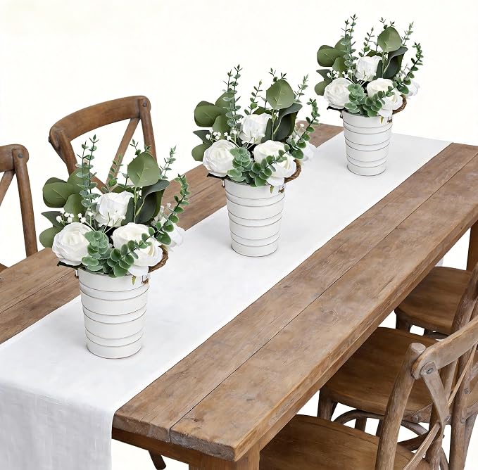 6 PCS Large Wedding Flower Table Centerpieces - 10 Inches Artificial Floral Arrangement with Rustic Tall Metal Vase for Wedding Birthday Party Bridal Baby Shower Event Decorations - White