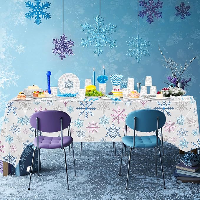 Funnymoom 452 Pcs Winter Decoration Wonderland Snowflake Party Supplies, Blue Pink Silver Snowflake Paper Plates Napkins Cups Tablecloth Cutlery Straws for Christmas Gender Reveal Baby Shower Party