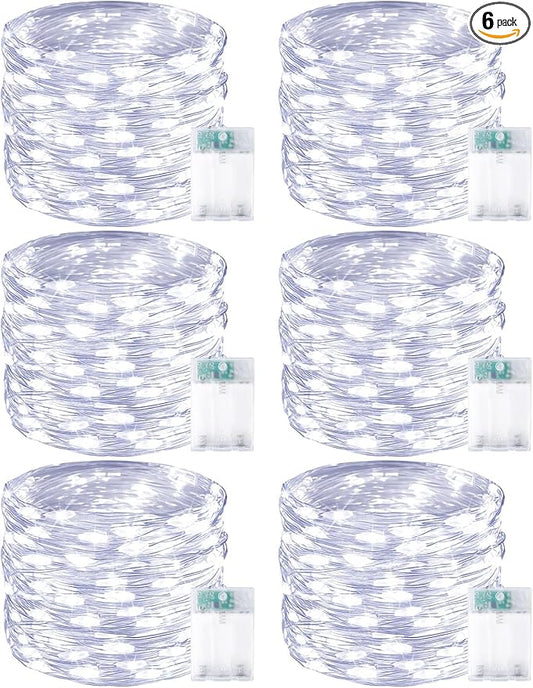 6 Pack 60 LED Fairy Lights Battery Operated with Timer, 20FT Waterproof String Lights Indoor Outdoor, Cuttable Battery Light for Home Bedroom Wedding DIY Centerpiece Christmas Decorations (Cool White)