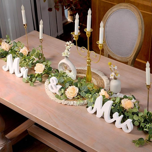 Canlierr 2pcs Large White Mr & Mrs Sign for Wedding Table with 5.91ft Artificial Flowers Garland, Wedding Centerpieces Wooden Bride and Groom Table Decorations for Engagement Decor (Champagne Rose)
