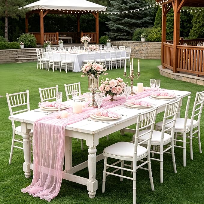 12 Pack Light Pink Table Runner Cheesecloth, Summer Rustic Sheer Gauze Table Runner 35x120 Inch for Wedding Baby Shower Bridal Shower Party Home Decorations