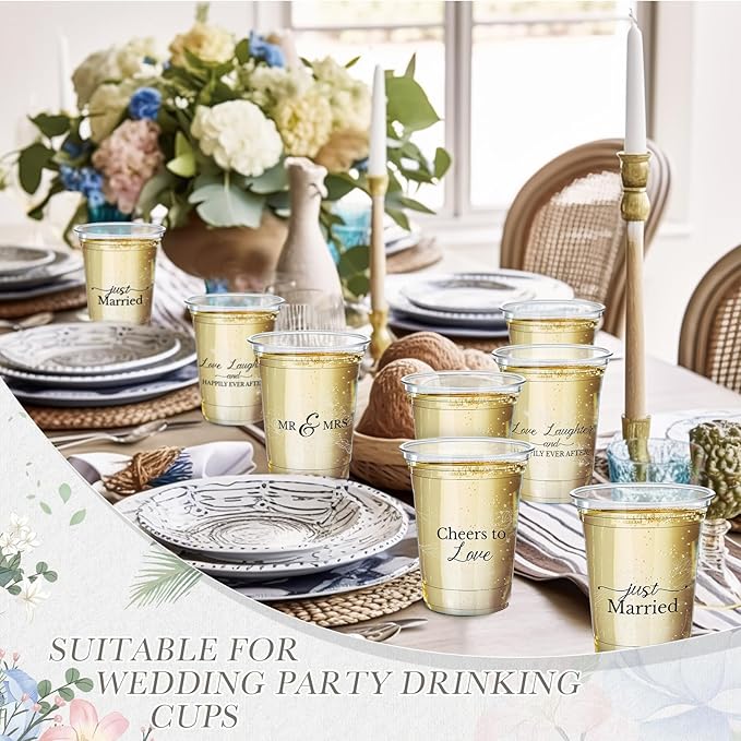 Jingmore 50 Pcs Wedding Plastic Cup 12 oz Wedding Disposable Cups for Reception Thick Clear Cup Happily Ever After Mr and Mrs Just Married Cups for Bridal Shower Decorations (White Floral)