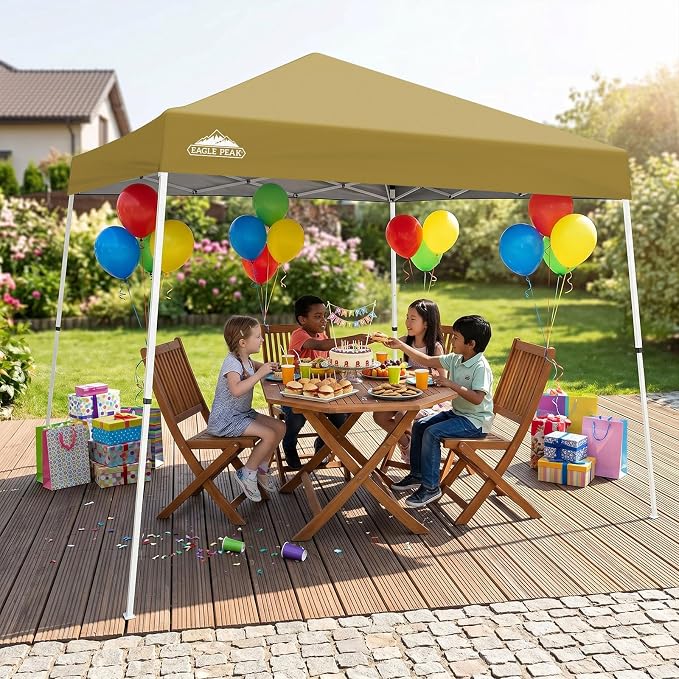 EAGLE PEAK 10x10 Slant Leg Pop-up Canopy Tent Easy One Person Setup Instant Outdoor Beach Canopy Folding Portable Sports Shelter 10x10 Base 8x8 Top (Beige)