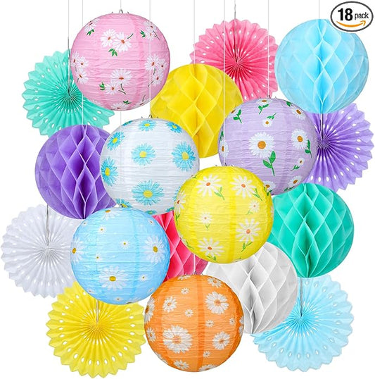 Baquler 18 Pcs Spring Daisy Party Decoration Pastel Flower Floral Hanging Paper Lantern Wild Fans Honeycomb Ball for Wedding Bridal Shower Party Ceiling Decor Supplies