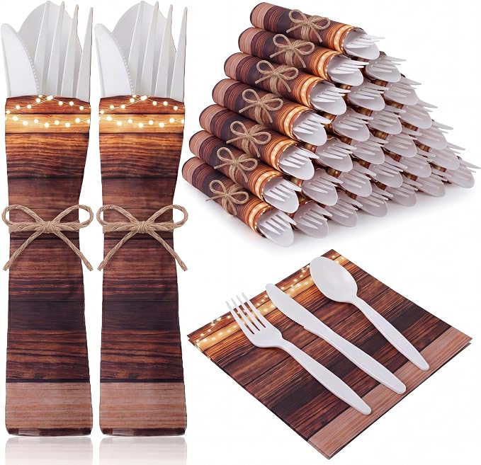 200 Pcs Rustic Wood Grain Wedding Supplies Biodegradable Disposable Tableware Set for 50 Guests Knives Spoon Fork Paper Napkins for Bridal Shower Camping Birthday Forest Themed Party