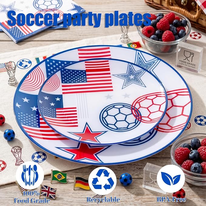 I00000 20 Pcs Plastic Soccer Plates - Heavy Duty Disposable Plates for Global Soccer Celebration Party Supplies include 10.25" Dinner Plate& 7.5" Dessert Plate for soccer Party