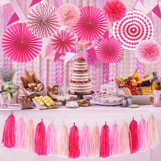 Hotpink Party Decorations Pink Girls Paper Fan Birthday Baby Shower Tissue Pom Poms Streamers Bachelorette Party Supplies Tassel Garland Banner Wedding Decor