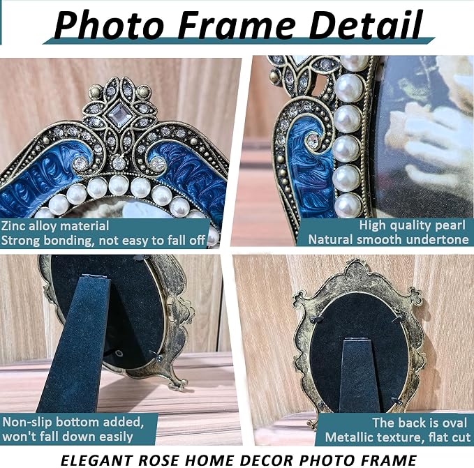 Oval Vintage Picture Frame 4x6 Antique Decor Christmas Ornament Ornate Blue Metal Photo Frame with Glass Front Art Table Top Retro Home Decor Gifts for Birthday Valentines