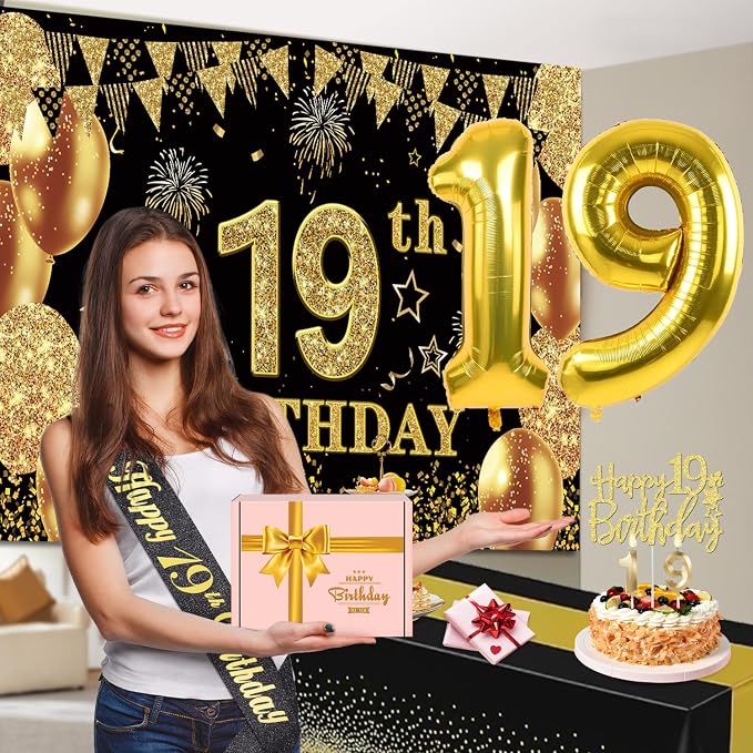 19th Birthday Decorations for Him Her with 19th Birthday Banner, Black and Gold Table Cloth, Number Balloons, Large Sash, Cake Topper and Candles