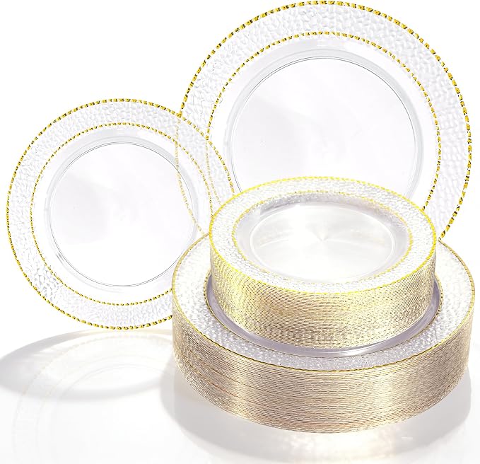 HOMIP 60PCS Clear Plastic Plates with Gold Stone Texture rim - Disposable Party Crystal Plates Include 30PCS 10" Dinner Plate & 30PCS 7" Dessert Plate Perfect for Wedding & Party