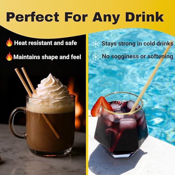 Hay Straws 8 inch Compostable Drinking Straw Eco Friendly, 250 Count Biodegradable Disposable Straw for Juices, Smoothies, Sturdy Plant-Stem Straws, No Paper, Plastic-Free (5–6.5mm)