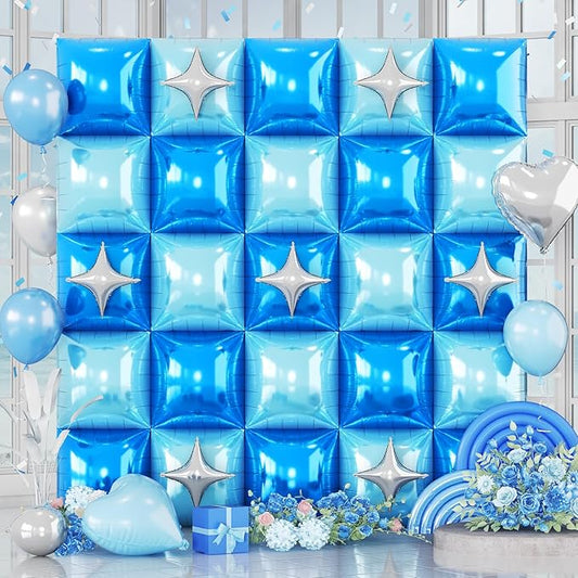 32PCS Navy Blue Light Blue Square Foil Balloons Wall with Silver Star Foil Balloon, Double Sided Metallic Blue Silver Balloon Backdrop Tunnel Arch for Under the Sea Ocean Birthday Graduate Baby Shower