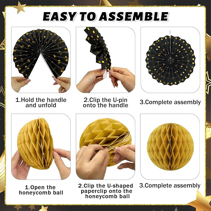 Black and Gold Party Decorations, 13Pcs Hanging Paper Fans Star Foil Curtains Happy Birthday Banner & Honeycomb Balls for Graduation Decorations 2026 and Birthday Party Supplies