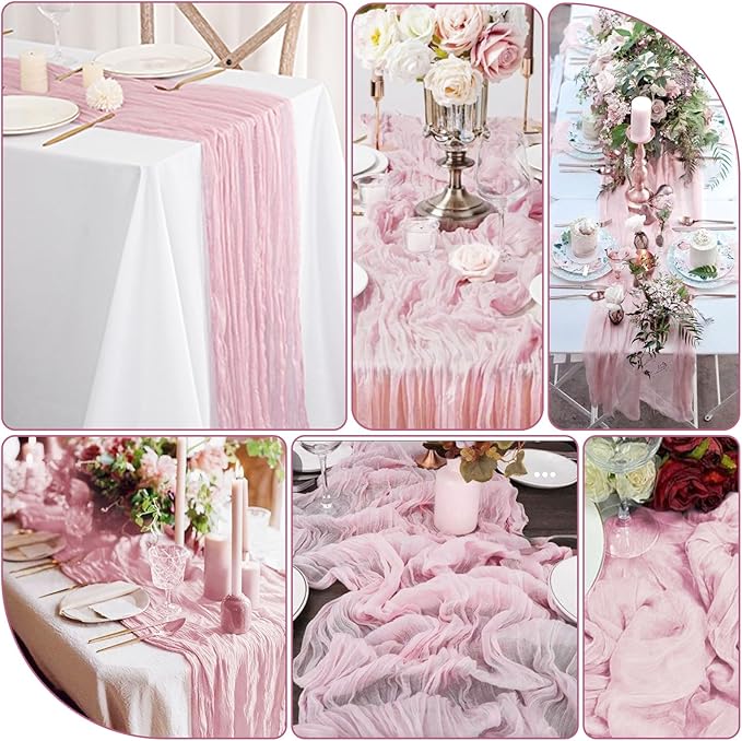 20 Pack Light Pink Cheesecloth Table Runner 10FT Long Boho Gauze Fabric Table Runner Vintage Rustic Sheer Runners for Wedding Party Bridal Baby Shower Table Decorations
