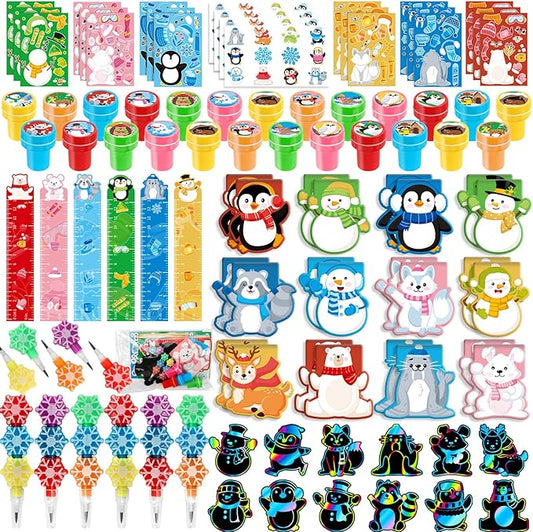 BenLouis Winter School Stationery Party Favors Snowflake Holiday Themed Classroom Gift Prizes Bulk for Students Kids Christmas Frozen Birthday Goodie Bag Stuffers Pinata Filler (48Set Animals)