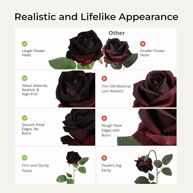 Auihiay 60PCS Artificial Roses, Black Magic Roses, Velvet Silk Roses, Realistic Artificial Flowers for Gothic Wedding Centerpieces, Anniversary, Valentine's Day & Halloween Home Decor