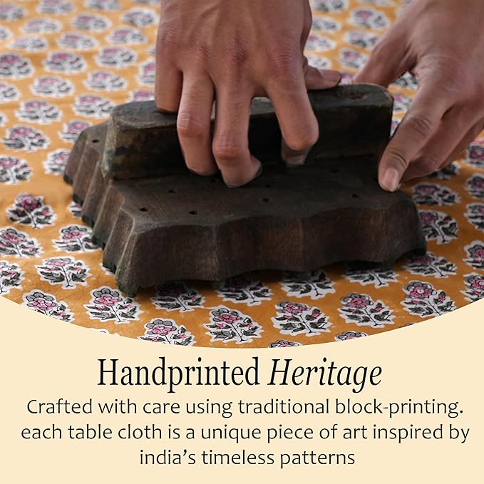CPC Tablecloth 100% Cotton 72x190 Inch Indian Block Print Rectangle Table Cover, Yellow Table Cloth for Weddings, Spring/Summer, Barbeque - Yellow Citrine