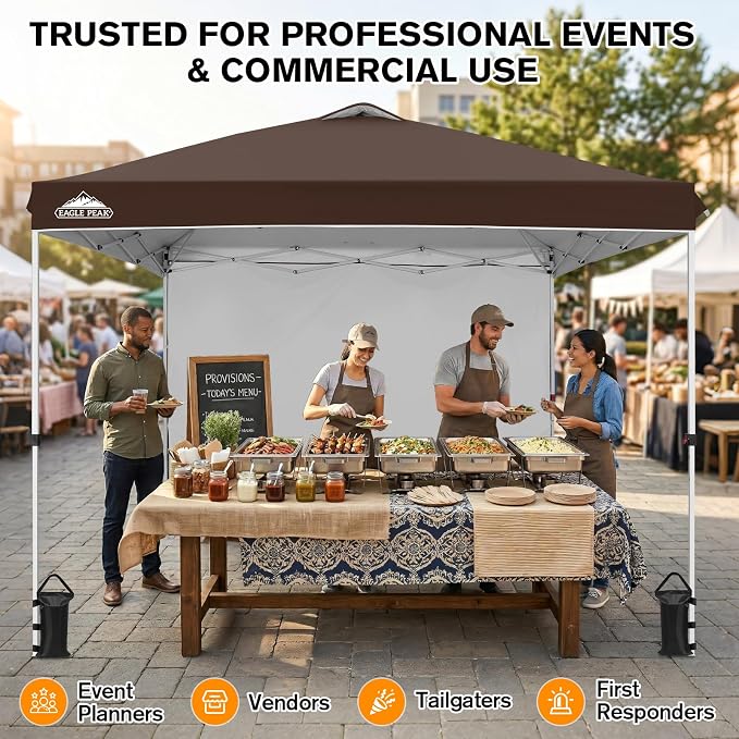 EAGLE PEAK Commercial Canopy 10x10 Pop Up Canopy Tent with 1 Sidewall, Easy Setup Heavy Duty Instant Event Shelter for Vendors & Markets, Outdoor Sun Shade, Brown