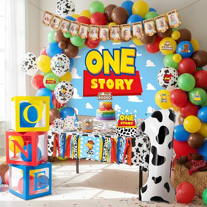 Boy Story Birthday Decorations for Baby - Its A Boy Story Baby Shower Decorations Includes Birthday Hat Cake Topper Backdrop Tablecloth Photo Banner Arch Balloon Boxes Poster