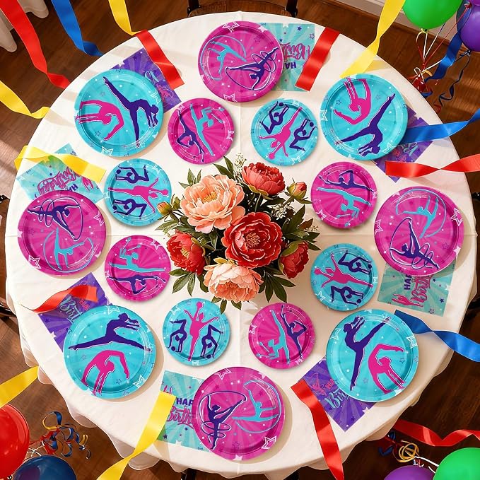 200Pcs Gymnastics Birthday Party Supplies Gymnastics Plates and Napkins Disposable Dance Gymnasts Themed Tableware Set for Little Dance Gymnasts Girls Birthday Party Decorations Serves 50