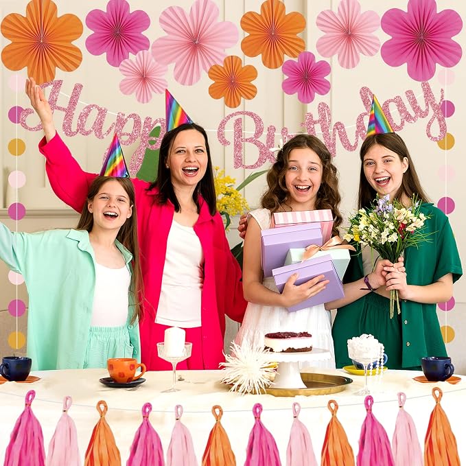 Roetyce Flower Birthday Decorations, Pink Happy Birthday Banner Paper Fan Tassel for Women, Orange Floral Themed Girls BDay Party Supplies, Boho Garland Photo Background Backdrop