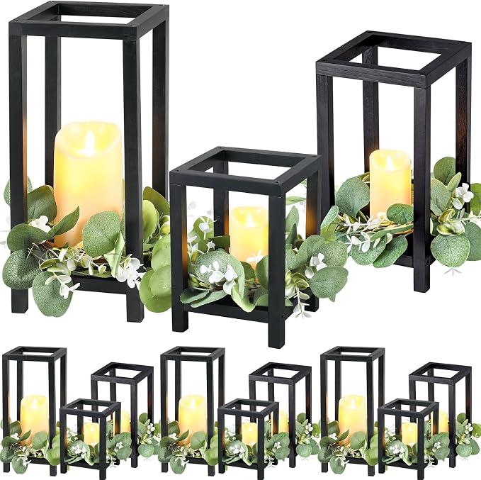 Geelin 12 Set Wooden Wedding Lantern Centerpiece Decor Baptism Lantern Candle Holder for Table Centerpiece Wedding Party Baby Shower Home Country Porch Patio Decor(7.87'', 10.59'', 12.99'',Black)