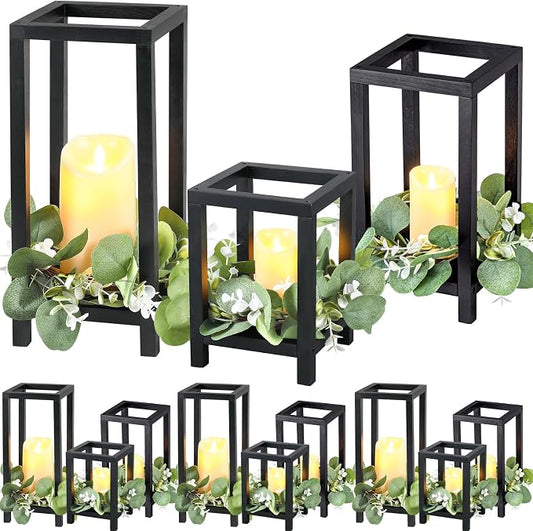 Geelin 12 Set Wooden Wedding Lantern Centerpiece Decor Baptism Lantern Candle Holder for Table Centerpiece Wedding Party Baby Shower Home Country Porch Patio Decor(7.87'', 10.59'', 12.99'',Black)